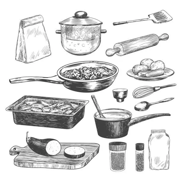 Vector illustration of Set of sketches of kitchen utensils for cooking