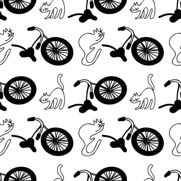 Vector illustration of Doodle vector seamless pattern  with broken bicycles and cats