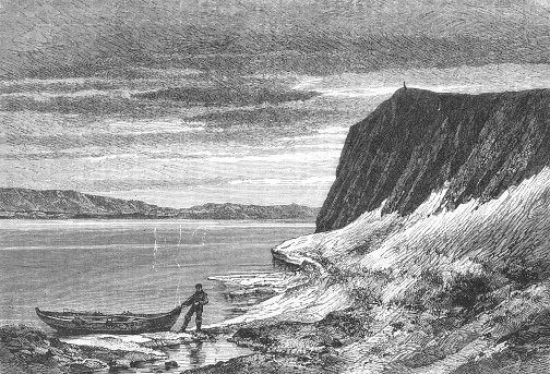 View near the Matochkin Shar Strait, old vintage illustration, 1898