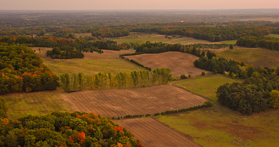 Aerial still of farmland near Shelby, a village in Oceana County in Michigan, on a Fall morning.