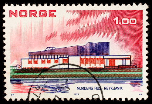 Norwegian postage stamp with Skandinavian house ( nordic house ) in Reykjavik