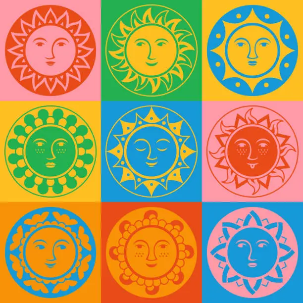Vector illustration of Sun with face abstract ornamental cartoon set ethnic boho style funny emotions cute icon vector