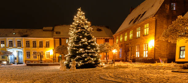 snowmans near christmas tree.view of market square with decorated christmas tree covered with snow on winter day. christmas atmosphere at the town hall market of schleswig,schleswig-holstein,germany. - schleswig imagens e fotografias de stock