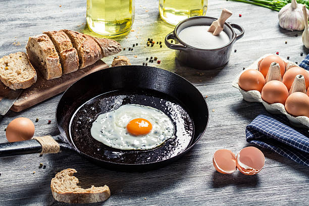 istock Closeup of frying eggs and fresh bread 178067475