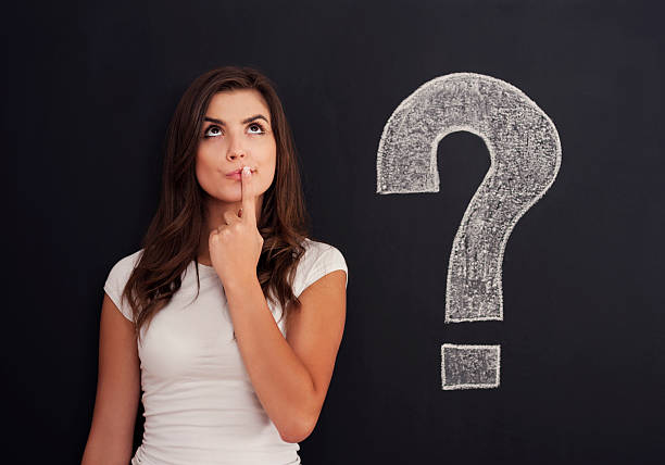 Portrait Of Young Woman Making A Face With Question Marks On Wall
