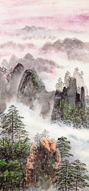 illustrazioni stock, clip art, cartoni animati e icone di tendenza di pittura cinese di montagna alto - paintbrush wallpaper brush paper creativity