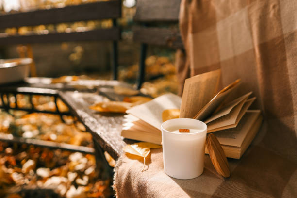 istock Candle and open book in nature, autumn concept 1780693557