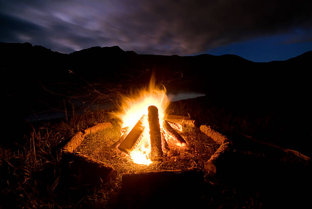 istock Camp fire beside lake and mountains. 178070233