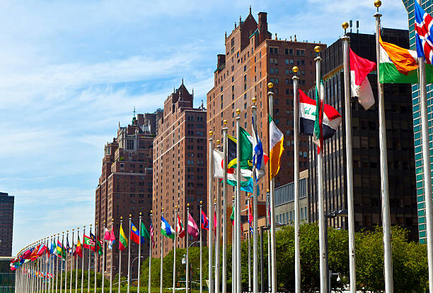 United Nations Headquarters with flags United Nations Headquarters with flags of the   members of the UN unicef photos stock pictures, royalty-free photos & images