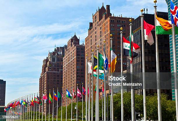 United Nations Headquarters With Flags Stock Photo - Download Image Now - United Nations Building, UNICEF, Flag