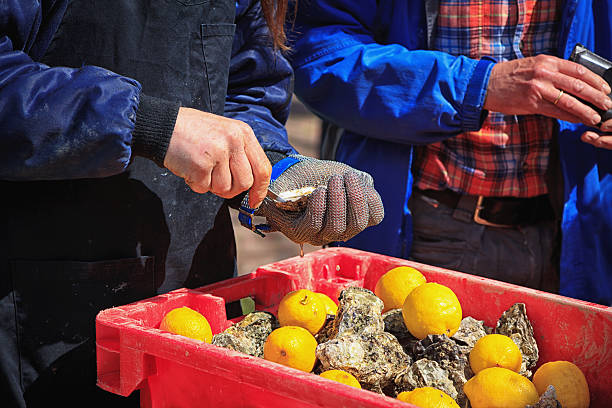 opening up a fresh oyster - uitbeenhandschoen stockfoto's en -beelden