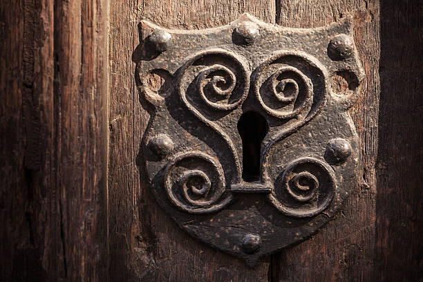 istock Vintage metal keyhole decorative element on weathered wooden surface 178074041