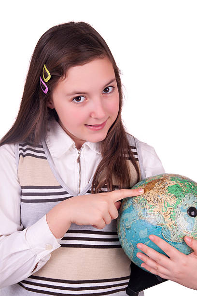 istock Happy school girl holding globe 178074316