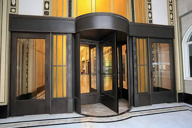 Photo of A revolving door at the entrance of a building