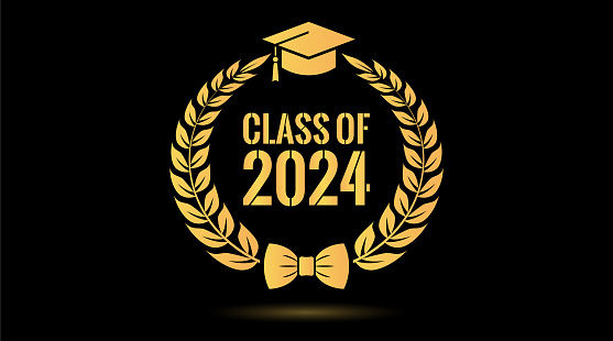 Senior class of 2024 year, laurel wreath graduation icon over black background