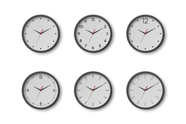 wektorowy 3d okrągły zegar biurowy z białym zegarem zbliżenie izolowany. zegarki, szablon projektu, makieta do brandingu, reklama. wektorowe proste minimalistyczne zegary, zegarki z przodu - clock wall clock face clock hand stock illustrations