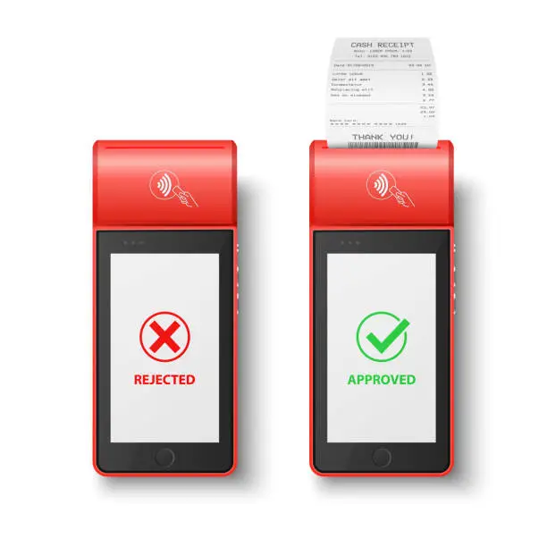 Vector illustration of Vector 3d Red NFC Payment Machine with Rejected and Approved Status, Paper Cash Receipt, Bill. Payment POS Terminal, Machine Design Template of Bank Payment Contactless Terminal, Mockup. Top View