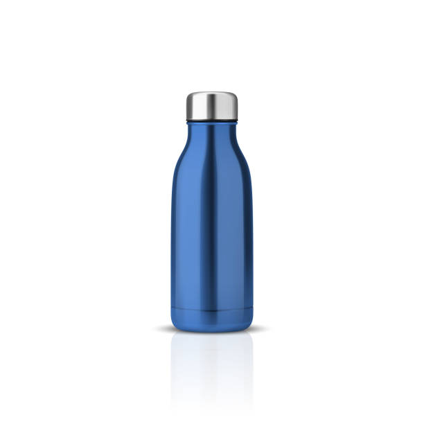 istock Vector Realistic 3d Blue Blank Glossy Metal Reusable Water Bottle with Silver Bung Closeup Isolated on White Background. Design template of Packaging Mockup. Front View 1780786778