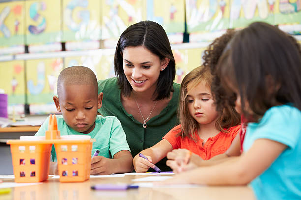 Elementary art class drawing with teacher at table Group Of Elementary Age Children In Art Class With Teacher Sitting Down At Table Drawing preschool building stock pictures, royalty-free photos & images