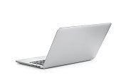 A laptop open against a white background