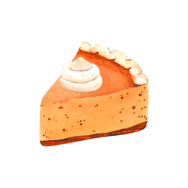 Watercolor realistic traditional dessert for Thanksgiving dinner, orange pumpkin slice pie. Hand-drawn illustration isolated on white background. Perfect for menu, cooking, packing, card thanksgiving Watercolor realistic traditional dessert for Thanksgiving dinner, orange pumpkin slice pie. Hand-drawn illustration isolated on white background. Perfect for menu, cooking, packing, card thanksgiving. whip cream dollop stock illustrations