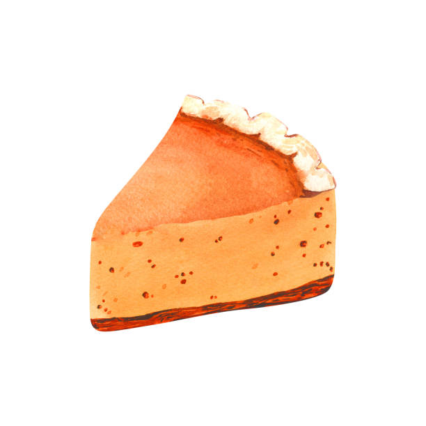 Watercolor realistic traditional dessert for Thanksgiving dinner, orange pumpkin slice pie. Hand-drawn illustration isolated on white background. Perfect for menu, cooking, packing, card thanksgiving Watercolor realistic traditional dessert for Thanksgiving dinner, orange pumpkin slice pie. Hand-drawn illustration isolated on white background. Perfect for menu, cooking, packing, card thanksgiving. whipped cream dollop stock illustrations