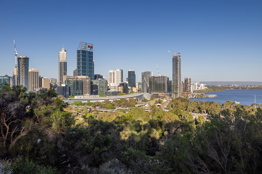 close up view of Perth city skyscrapers from elevated lookout of Kings Park on a bright sunny day. Highway and trees along swan river girt Perth's CBD