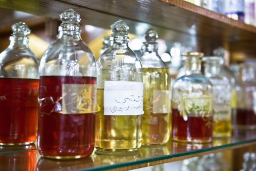 Glass bottles at Egyptian perfumery, Luxor, Egypt