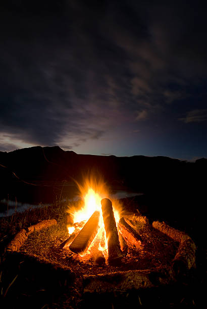 istock Camp fire beside lake and mountains. 178086095