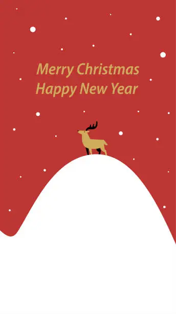 Vector illustration of An elk stands on a snowy mountaintop on Christmas