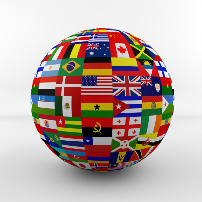 Different Country flags on one world globe