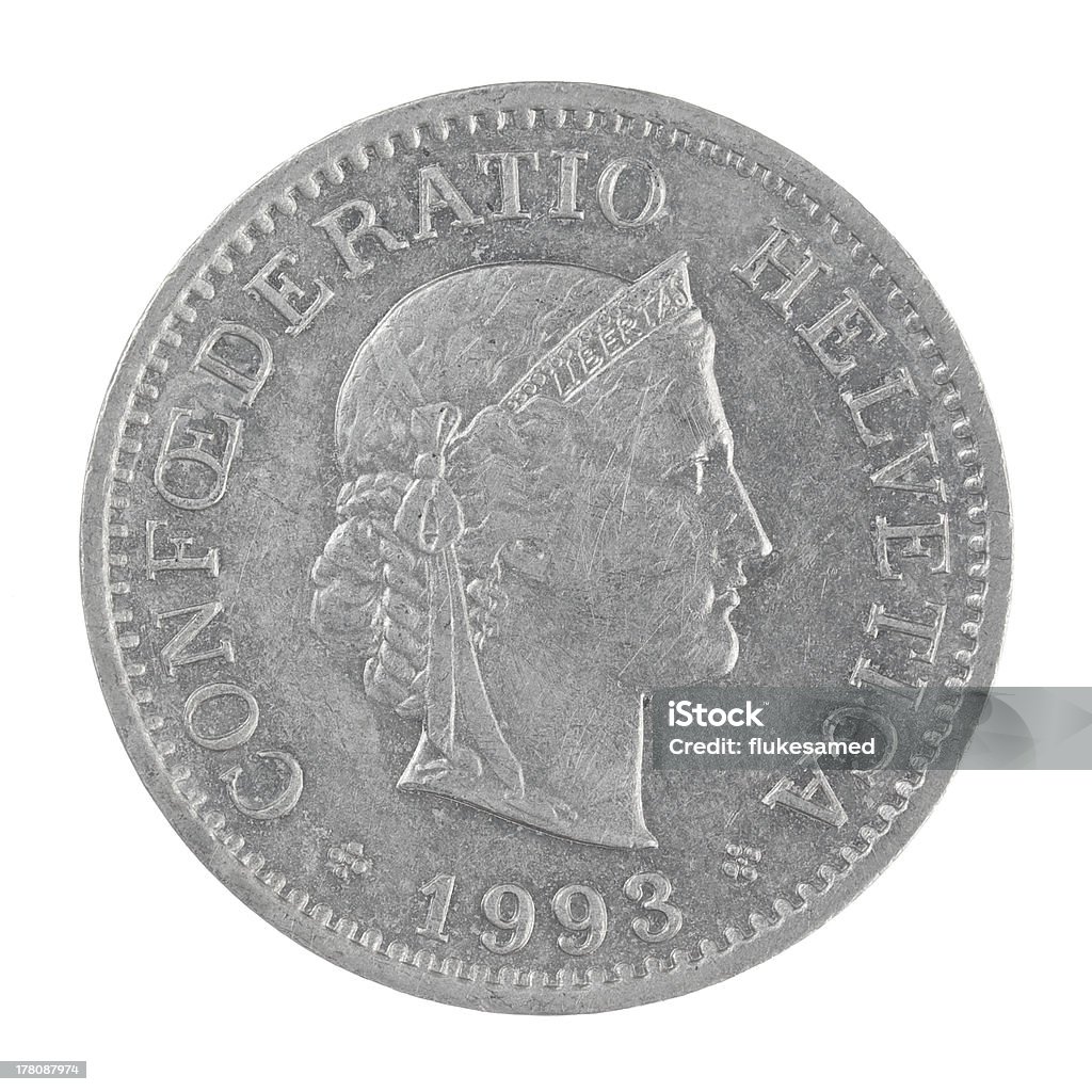 Ancienne Pièce de 10 francs suisses Rappen isolé sur fond blanc - Photo de Monnaie suisse libre de droits