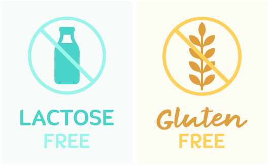 Gluten free, zero wheat, vegan, food intolerance. Food, drink, eat. Eco friendly, label. Lactose free, zero milk, vegan, vegetable milk. Healthy, health, nutrition.