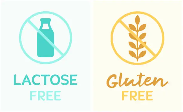 Vector illustration of Gluten free, zero wheat, vegan, food intolerance. Eco friendly, label. Lactose free, zero milk, vegan, vegetable milk. Healthy, health, nutrition. Food, drink, eat