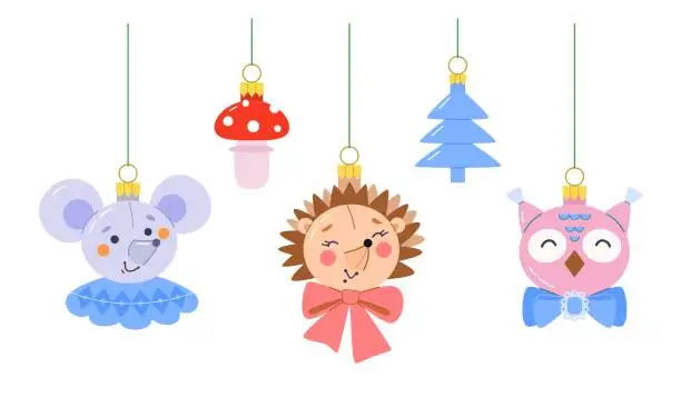 Vector illustration of Set of Christmas toys on string on forest theme in shape of heads of hedgehog, mouse, owl with bow, fly agaric, Christmas tree.