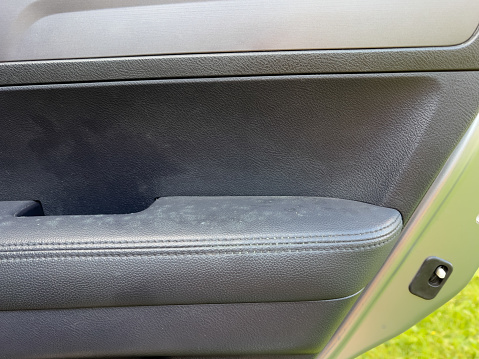 Mold and fungus on the door and door handle inside the car. wet, moisture weather