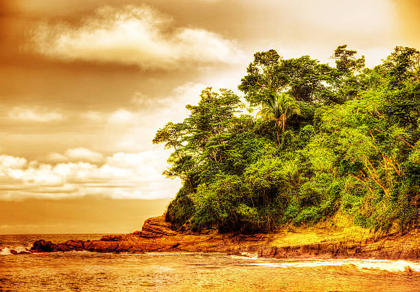 Picture of sunset on the beach of Costa Rica, beautiful island nature, jungle landscape, sunrise on the ocean coastline, romantic paradise beach, summer vacation, tropical resort