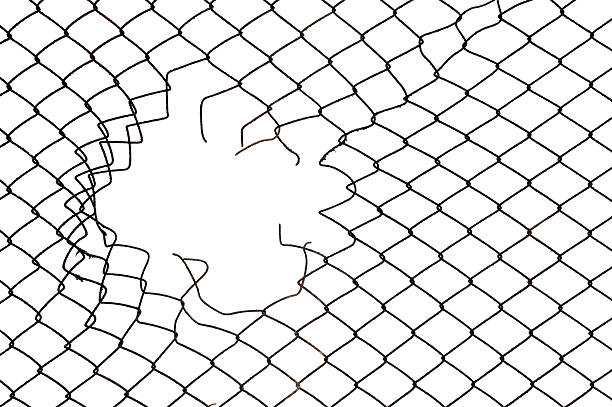 Mesh wire hole Hole in the wire mesh fence rusty fence stock pictures, royalty-free photos & images
