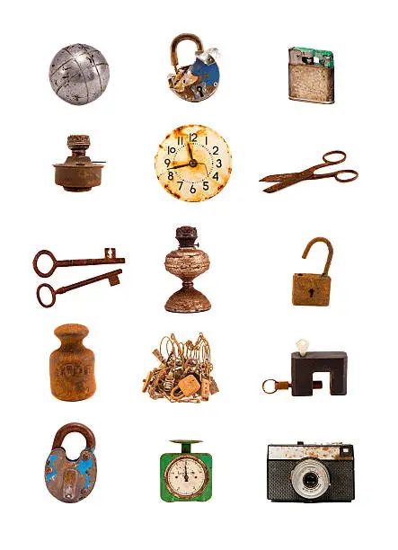 various old objects and tools assorted group isolated on white
