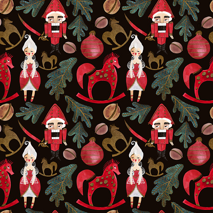 Nutcracker and nuts. Seamless watercolor pattern for New Year and Christmas wrapping paper. Vintage style gifts for children under the Christmas tree