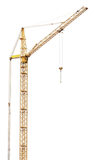 singolo alto giallo isolato gru sollevamento - hoisting crane foto e immagini stock