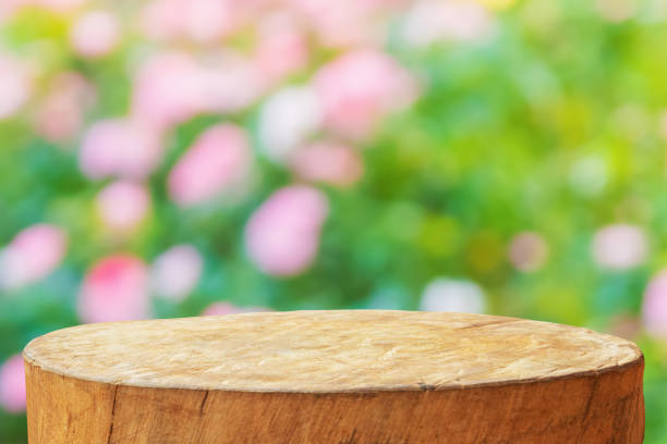 istock Empty old tree stump table top with blur rose garden background for product display 1780913715