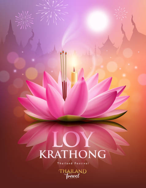 Loy krathong festival thailand, pink lotus flower candle, fireworks at moon night poster design Loy krathong festival thailand, pink lotus flower candle, fireworks at moon night poster design colorful background, eps10 vector illustration krathong stock illustrations