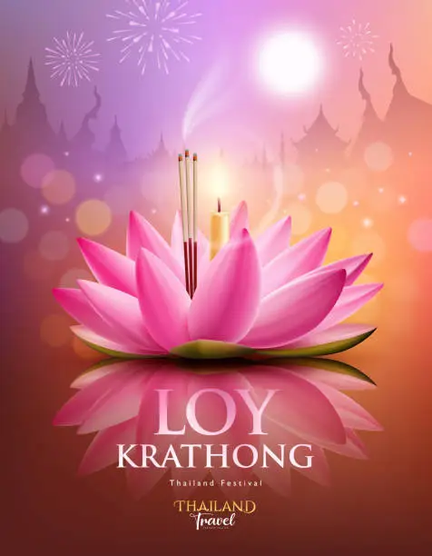 Vector illustration of Loy krathong festival thailand, pink lotus flower candle, fireworks at moon night poster design