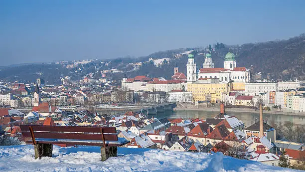 Wintertime in Passau in Bavaria at Inn River and Danube River,Germany