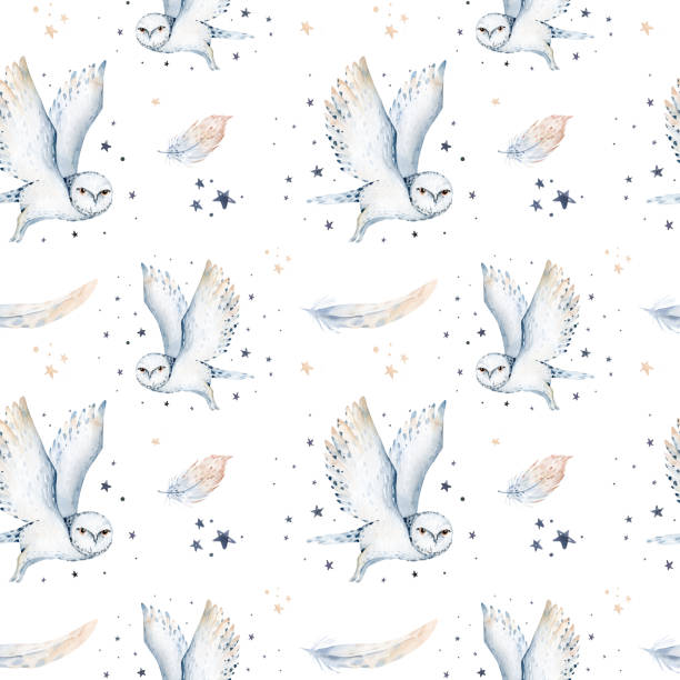 원활한 수채화 패턴 보육원 극지 ��북극 동물 수채화 수집 세트. 눈 덮인 올빼미. 순록. 북극곰. 여우. 펭귄, 해마. 물개와 oeca, 토끼 고래 - tern bird arctic tern nature stock illustrations