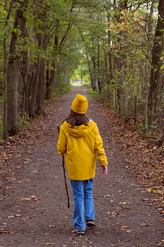 A girl walking along a path into perspective in an autumn park. Autumn concept. Vertical