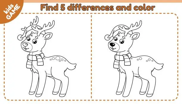 Vector illustration of Game Find differences and color Christmas deer