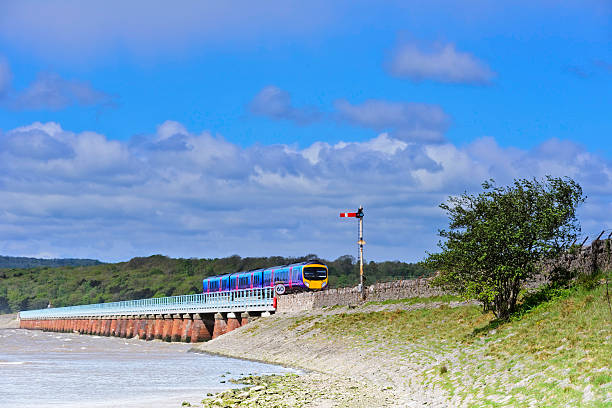 Train crossing a viaduct over Morecambe Bay in the UK A modern train crossing the Arnside viaduct over the estuary of the River Kent. morecombe bay photos stock pictures, royalty-free photos & images