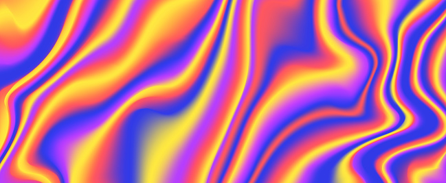 Psychedelic iridescent background. Bright neon holographic wallpaper. Blue red orange yellow wavy fluid gradient texture. Abstract acid trippy backdrop for banner, poster, brochure, overlay. Vector
